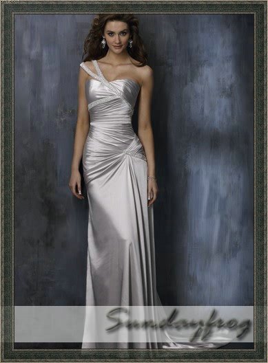 FreeShipping Sundayfrog Best Selling Sheath One-Shoulder Satin Beaded Silver Formal Dress Prom Gown Evening Dress -M155