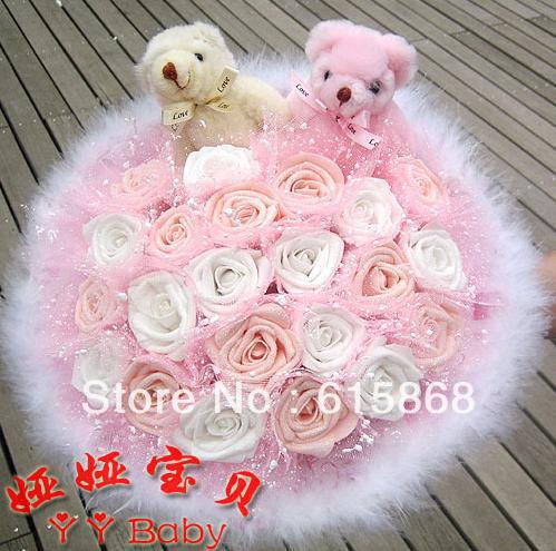 Freeshipping toy bouquet 21 two-color rose two couples teddy bear cartoon bouquet dried flowers Q327