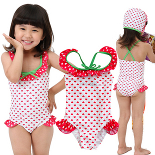 Freeshipping Vivo child swimwear female child girl baby one piece swimwear dot peach heart flower of love swimming cap IVU