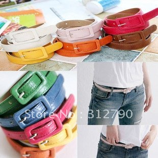 Freeshipping wholesale New Fashion Women's Candy color PU leather Thin Belt Promotional gift 30pcs