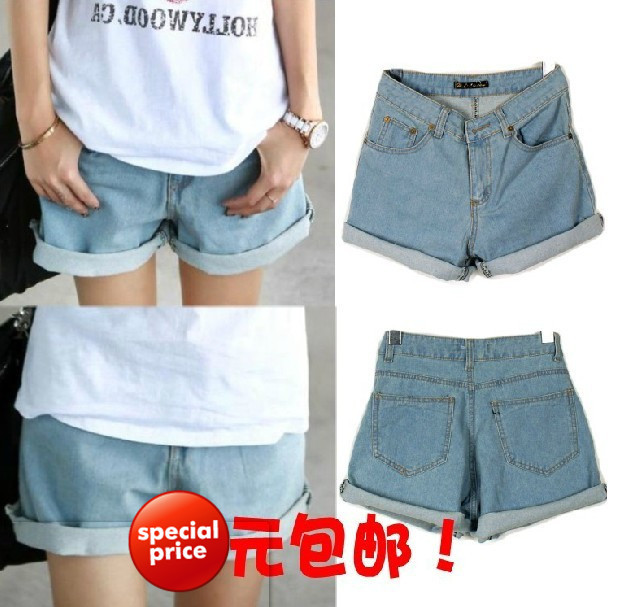 FreeShipping[Wholesale&Retail]Promotion 2013 New Arrival Summer Women's High Waist Denim Shorts Loose Roll-Up Hem Jeans Shorts