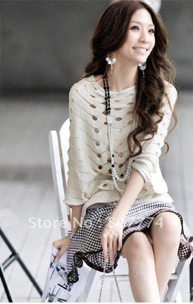 Freeshipping wholesale  women hollow-out sweater casual three quarter batwing sleeve crocheted top (white/grey)mix order