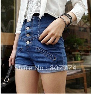 Freeshipping women high waist slim fit short pants button up denim short  Blue S/M/L/XL mix order Promotion