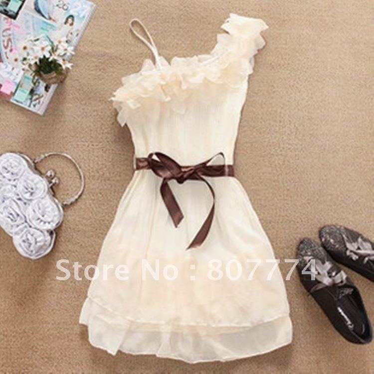 Freeshipping Women New Spring style Sweet Pleated dress One Shoulder  Frilled Chiffon Dress (Beige,White,Pink) Mix order