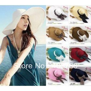 Freeshipping  Women's Foldable Wide Large Brim Floppy  Beach Sun Straw Hat Cap WIth ribbon as gift