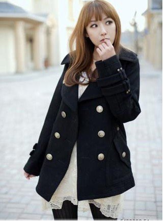 Freeshipping XMAS HotSale 2013 Winter Women Double-Breasted Loose Fit Korea Turn-Down Trench Coat Black