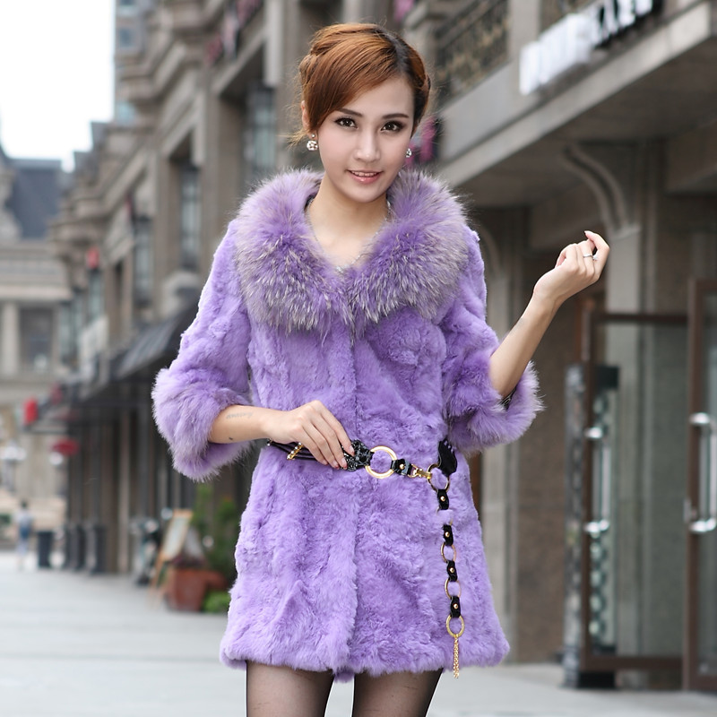 FreeShipping Yanerwo 2012 winter rabbit fur coat medium-long slim raccoon casual