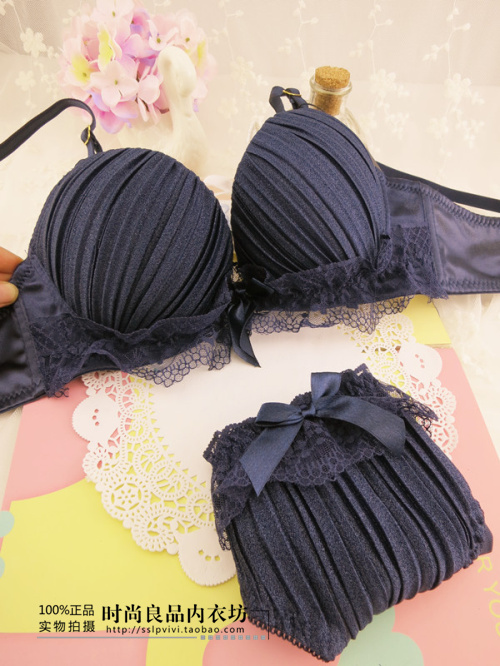 French romantic . aesthetic lace navy blue underwear bra set push up sweet bra
