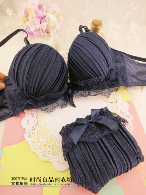 French romantic . aesthetic lace navy blue underwear bra set push up sweet silky fabric thin