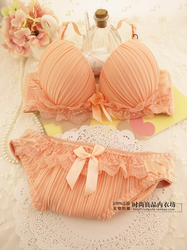 French romantic . lace 3 breasted underwear bra set push up sweet juniors bra pink pleated free shipping
