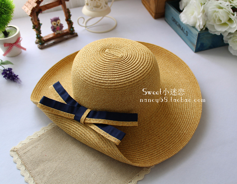 Fresh style navy blue bow big along the cap roll-up hem sun-shading hat bucket hat female beach cap