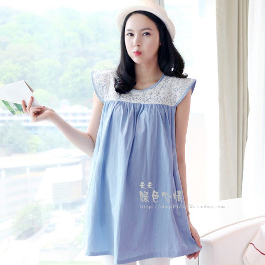 Fresh summer maternity dress small vintage V-neck long-sleeve lace shirt maternity clothing 875 one-piece dress