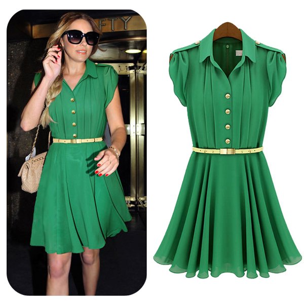 Fress Shipping!!Europe Dress New Fashion 2012 Women Green Turn-down Chiffon Casual Dress Send With Sashes Q483