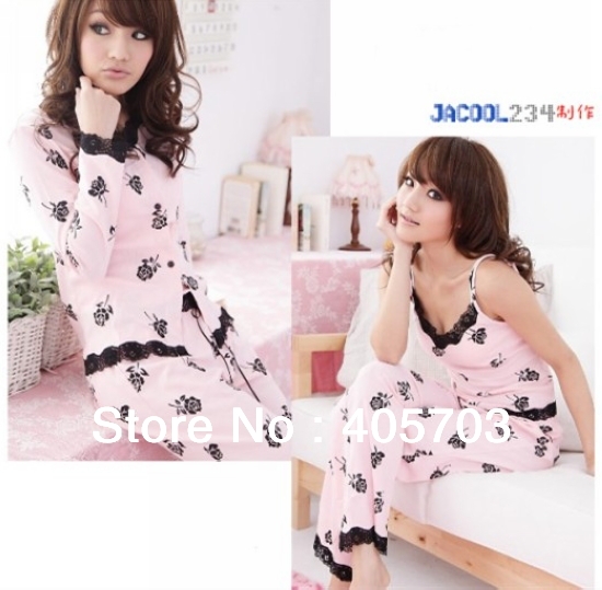Fress shipping Three-piece suit ,Summer female pajamas ,Rose pajamas,sleepwear,drop shipping