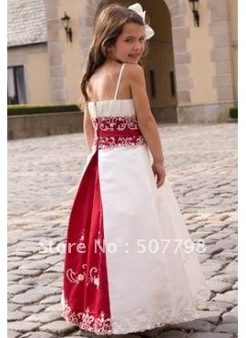 From facotry---lovey Spaghetti white satin red sash embroidery elegant princess flower girl dress,wedding party dress