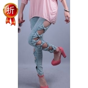 From freight  Jeans bow cutout tight sexy water wash elastic pants   women's jeans