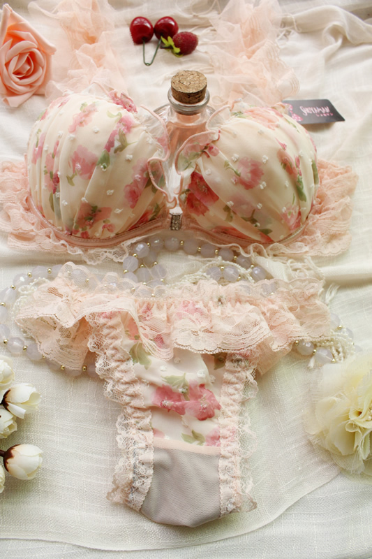 Front button chiffon yarn lace sexy transparent underwear bra set