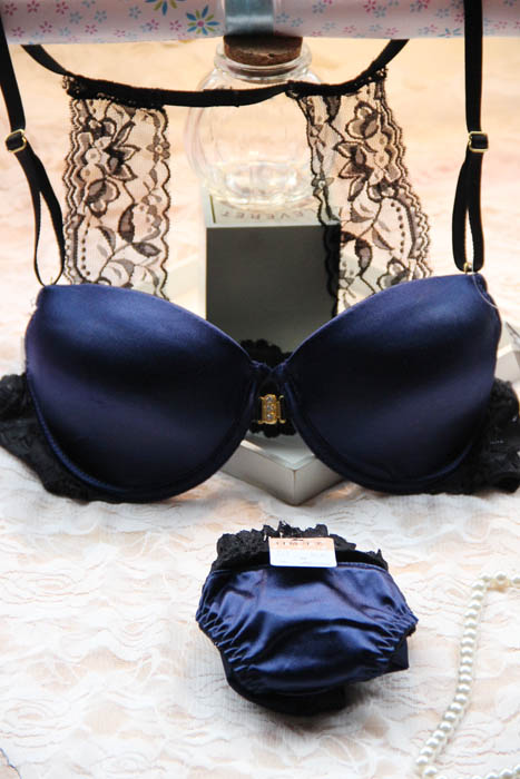 Front button glossy bra women's front button bra underwear set 9657 dark blue