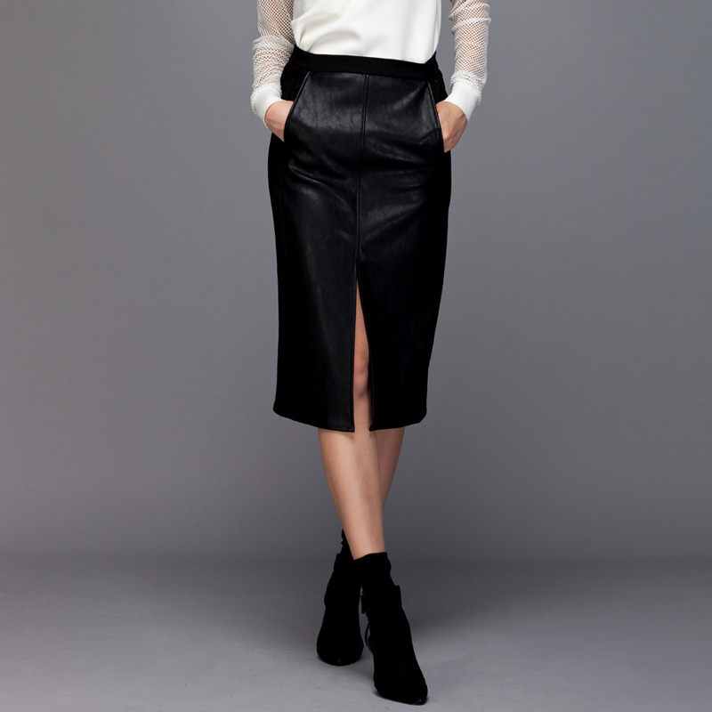 Frontrowshop faux leather patchwork placketing slim hip medium-long half-skirt female