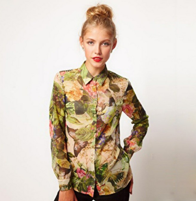 FS121  New Arrival Spring female casual flowers shirt long-sleeve slim shirt