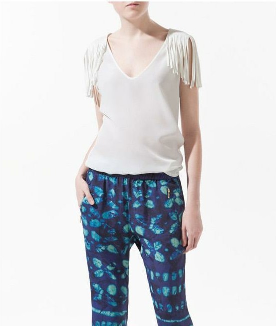 FS209 Fashion vintage tassel solid color shirt short-sleeve chiffon shirt l