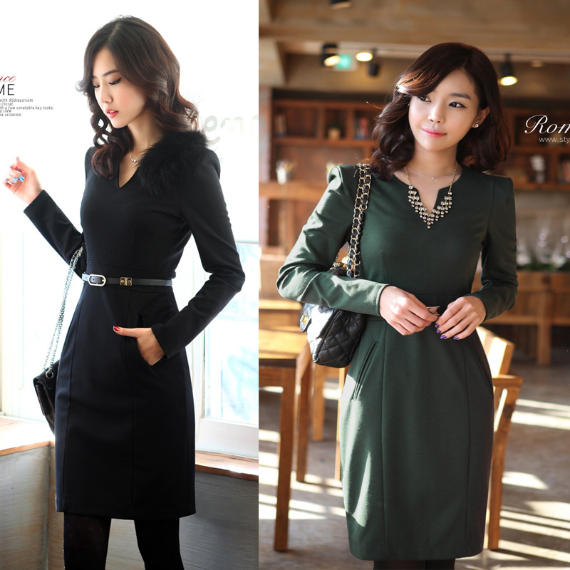 FS364 autumn and winter ol quality long-sleeve slim elastic knitted elegant one-piece dress belt