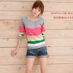 FS437 Fashion style Spring&Autumn women's fashion color stripe reversible all-match V-neck sweater FREE SHIPPING!