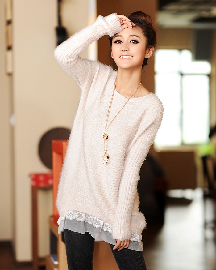 FS441 Fashion style Spring&Autumn women's long-sleeve macrotrichia sweep lace sweater medium-long  thick sweater FREE SHIPPING!