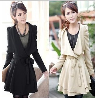 FS491 Autumn puff princess sleeve slim pleated large lapel irregular long-sleeve medium-long trench outerwear free shipping