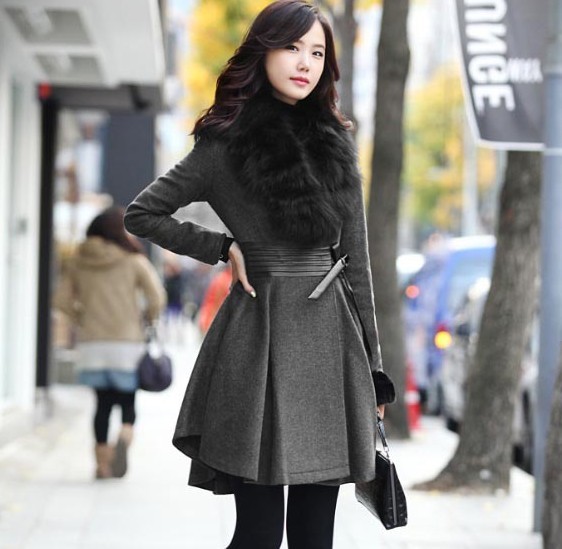 FS498 Autumn&winter elegant classic fur collar pleated genuine leather  slim wool coat fur collar detachable free shipping