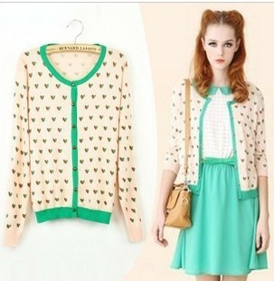 FS575 autumn sweet color block decoration love o-neck sweater cardigan top/sweater  free shipping