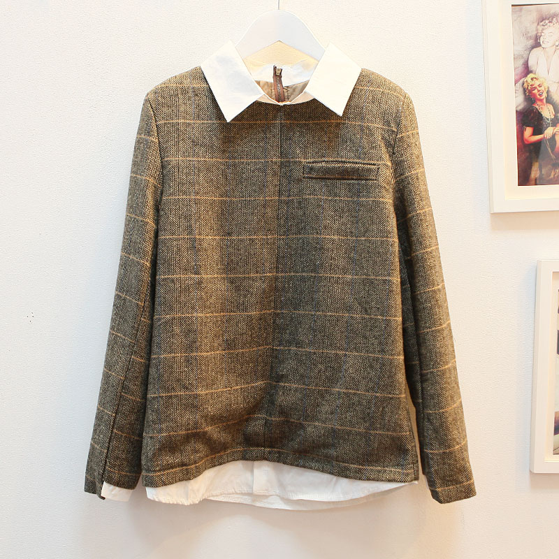 FS58 British style all-match woolen faux two piece top fashion plaid woolen top shirt e19 3