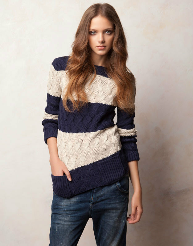 FS636 fashion autumn&winter color block o-neck long-sleeve women's all-match stripe sweater free shipping