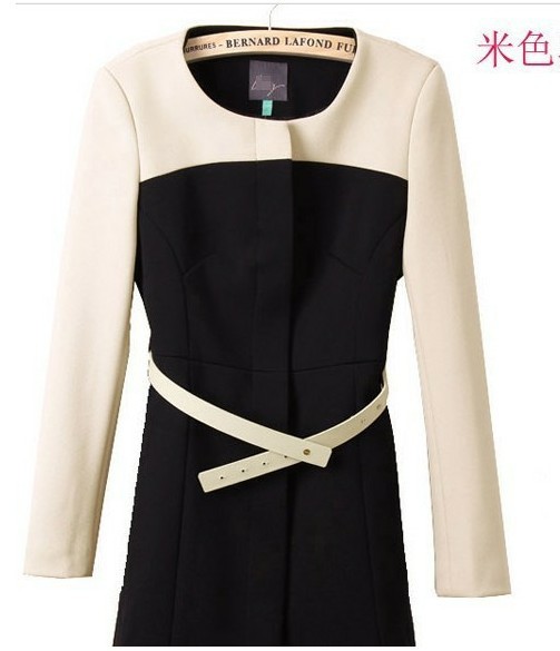 FS639 Fashion  patchwork color block slim trench elegant medium-long outerwear with belt free shipping