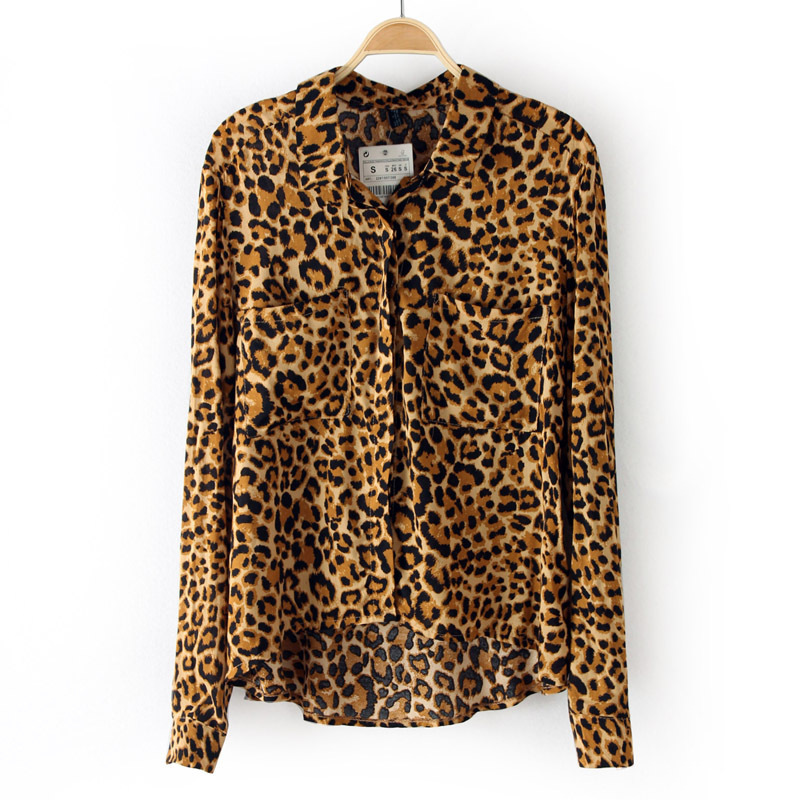 FS85 fashion sexy leopard print pocket turn-down collar slim chiffon long-sleeve women's shirt