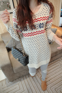 FS853  women's o-neck all-match pattern medium-long sweater female pullover