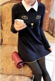 FS894 women's winter sweet embroidery cat peter pan collar polka dot knitted basic top