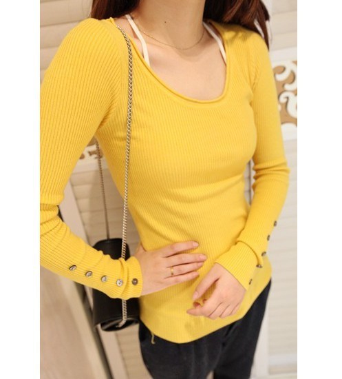FS905 women's slim elastic all-match button thread sweater solid color o-neck basic sweater