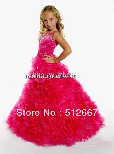Fuchsia Ball Gown Little Girl Pageant Dresses Princess Beaded Ruffled Organza Tulle Party Dress