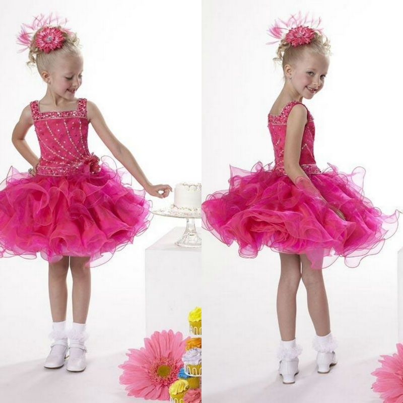 fuchsia handmade flower short ruched tiered square a-line girls birthday dresses pageant gowns