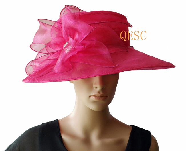 Fuchsia/hot pink Crystal Organza  Hat with Organza loop and rhinestone for party,wedding,ketucky derby,church.