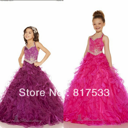 fuchsia purple kids dress plus size communion dresses girls halter top flower girl gown a line diamond floor length tulle gold