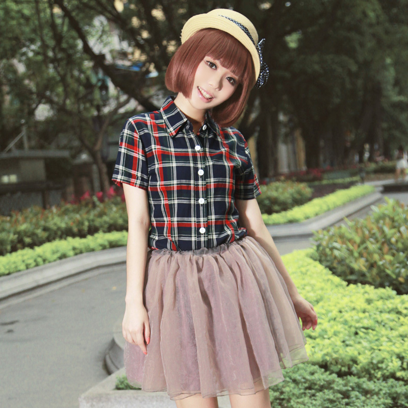 Full cotton fashion check 100% short-sleeve shirt medium-long plaid shirt