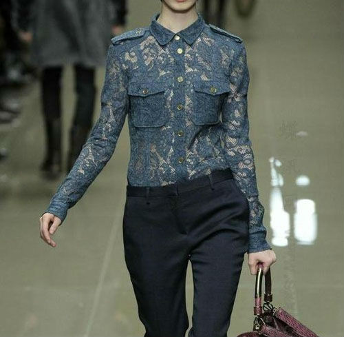 Full lace lapel Metallic buttons double pockets with epaulettes shirt WF-3875