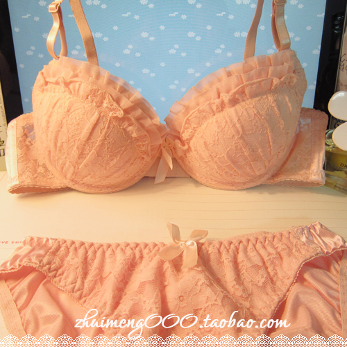 Full lace . orange pink lace bra sweet push up bra underwear set thickening bra