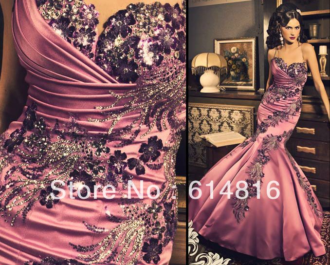 Full Refund Guarantted Glamorous Sweetheart Sleeveless Backless Embroidery Applique Satin Mermaid Prom Dress Evening Dress DK012