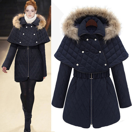 Fur collar ! European style women hooded cotton-padded jacket with cloak Lady cloak style wadded jacket outerwear