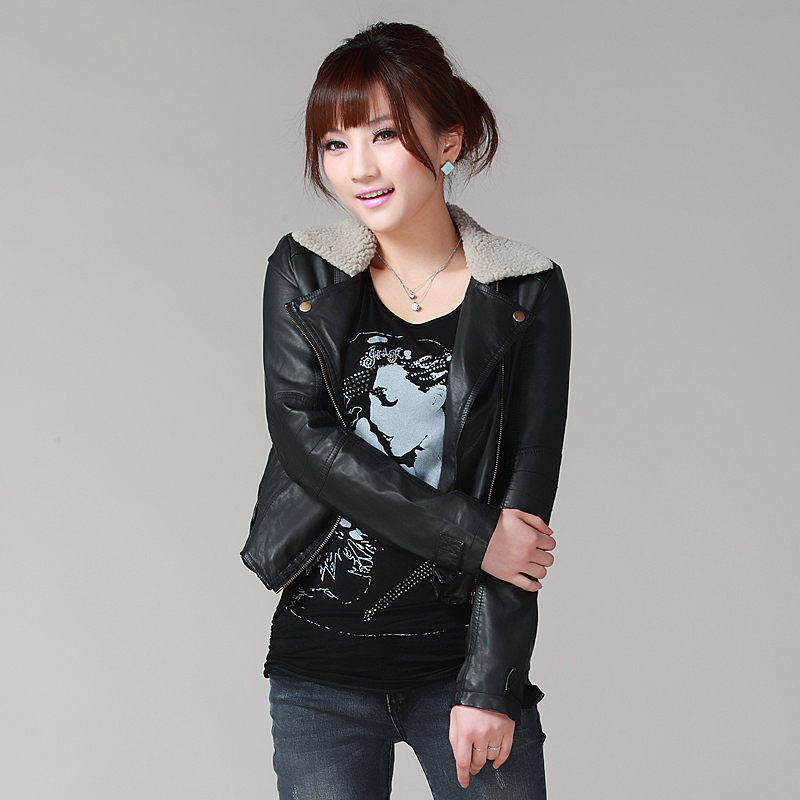 Fur collar motorcycle leather coat PU clothing women's small leather clothing jacket