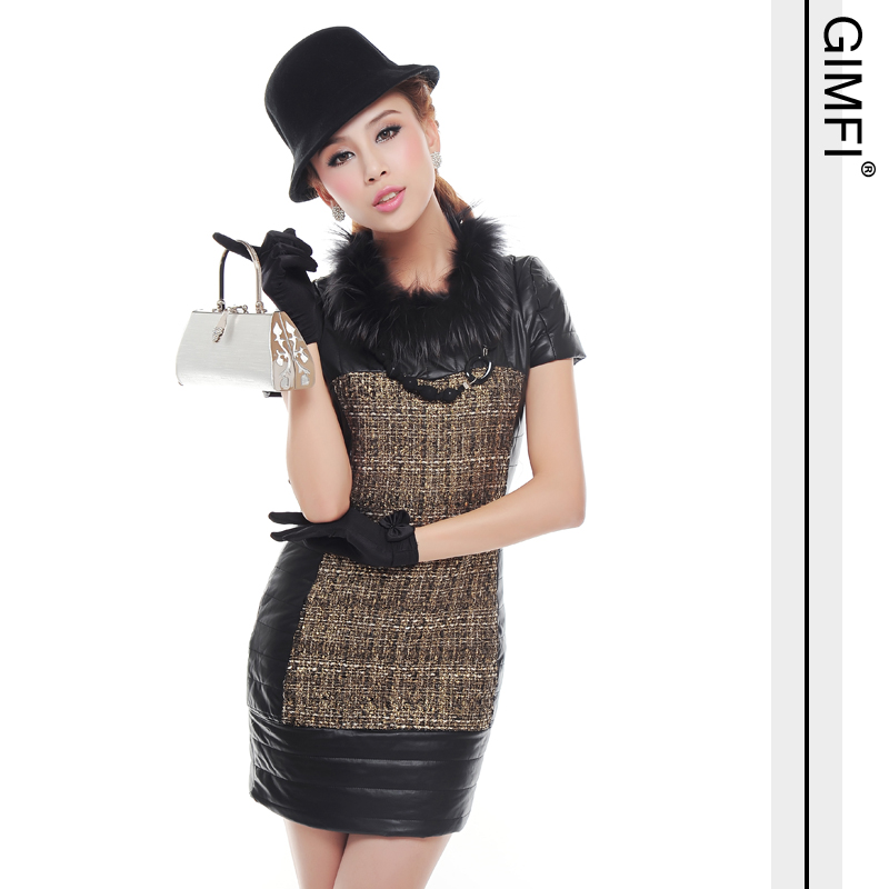 Fur collar plus cotton patchwork leather elegant ladies short-sleeve dress real pictures with model