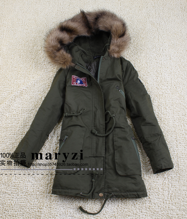 Fur collar wadded jacket cotton-padded jacket Army Green medium-long cotton overcoat cotton-padded jacket outerwear winter